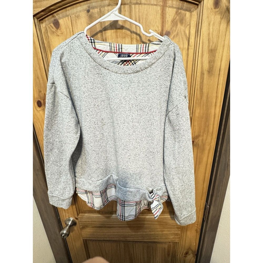 IZOD Woman's 2-fer Sweatshirt Heather Grey‎ w/ Plaid Shirt Tails Tie Size XXL